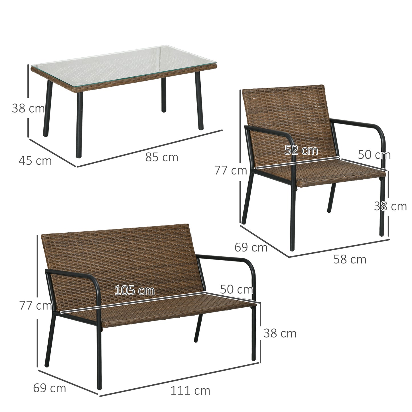 Outsunny Conjunto de Jardín de Ratán Sintético Juego de 4 Piezas Muebles de Jardín con 2 Sofás Individuales 1 Sofá de 2 Plazas y 1 Mesa de Vidrio Templado Anti-UV para Terraza Patio Multicolor