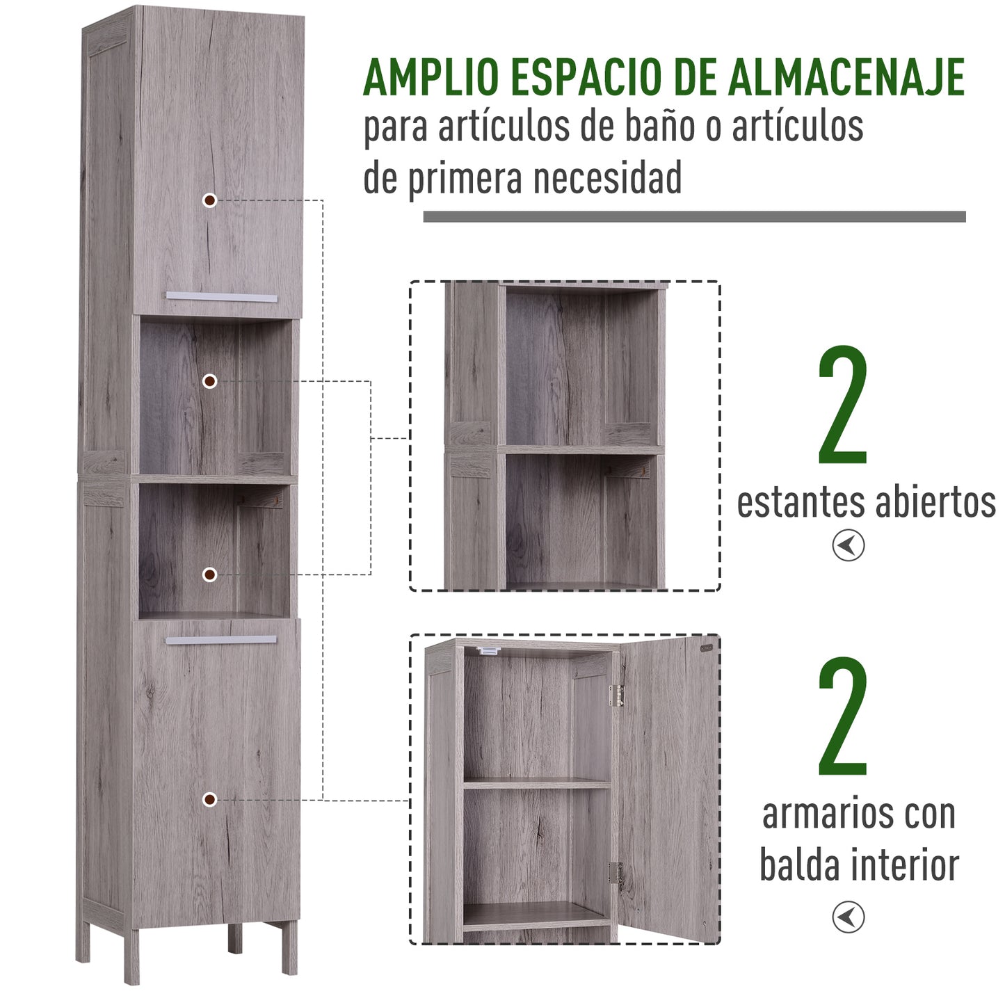 kleankin Mueble Auxiliar Armario Alto para Baño Gran Almacenamiento con Zonas Abiertas y Cerradas 30x32x172.5 cm