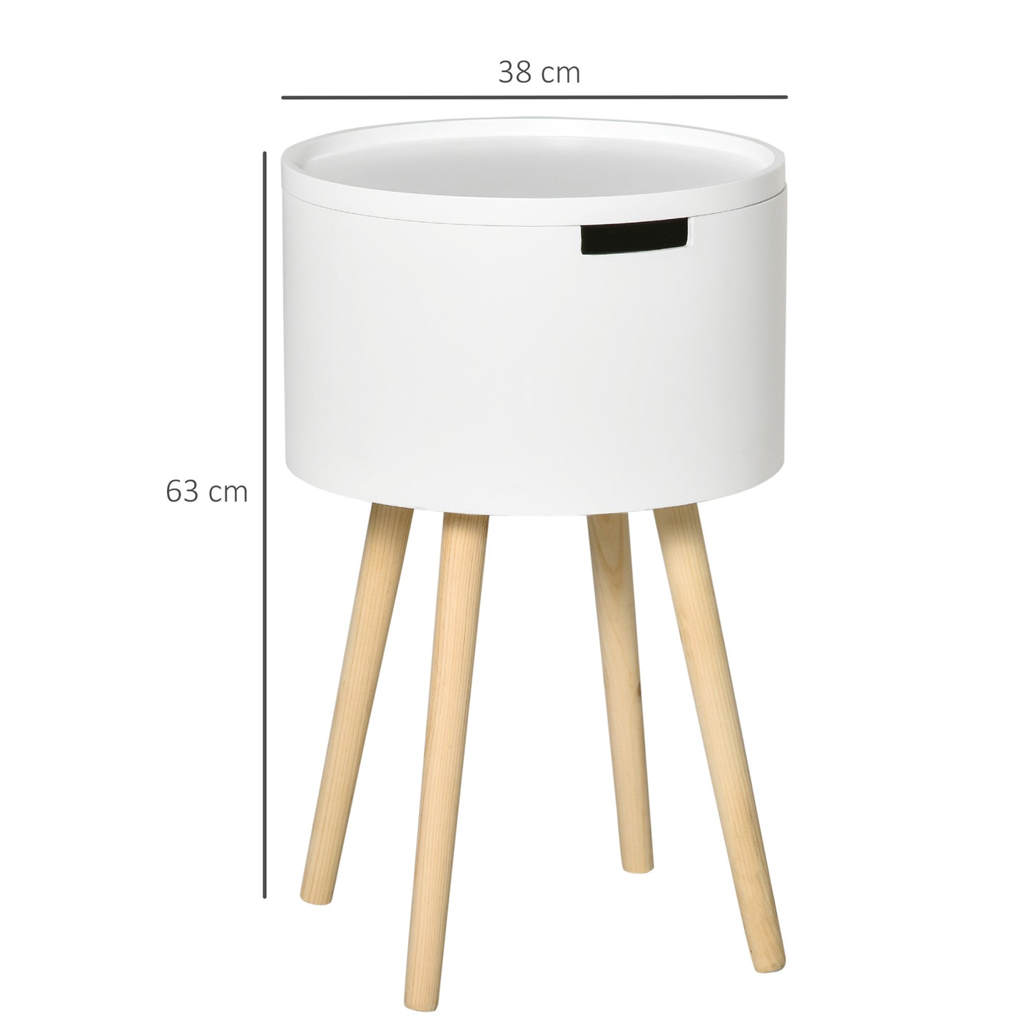 HOMCOM Mesa Auxiliar de Salón Moderna Mesita de Noche con Tapa Extraíble Espacio de Almacenamiento y Patas de Madera para Dormitorio Sofá Esquina Ø38x63 cm Blanco