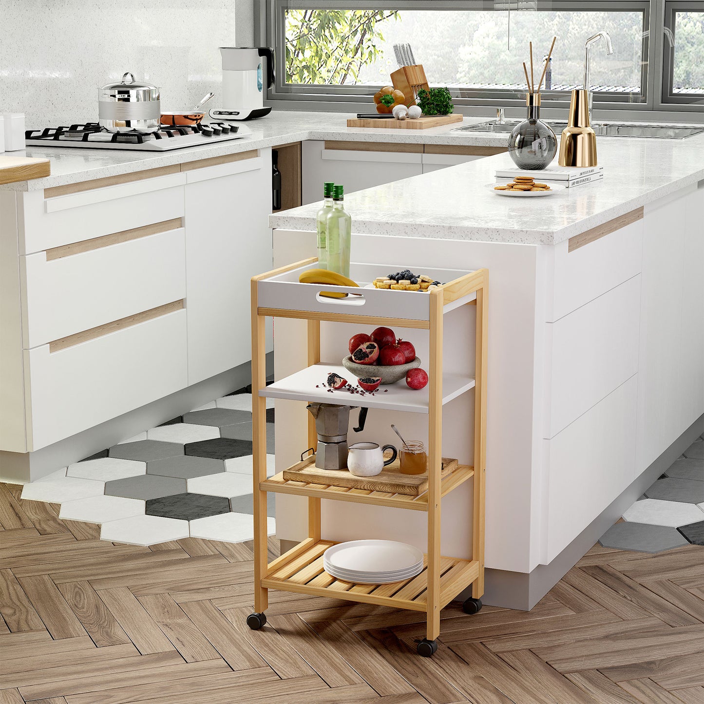 HOMCOM Carrito de Cocina Carrito de Servicio Doméstico de 4 Niveles con Una Bandeja Extraíble Estante Ruedas Universales 40x30x76 cm Blanco Madera