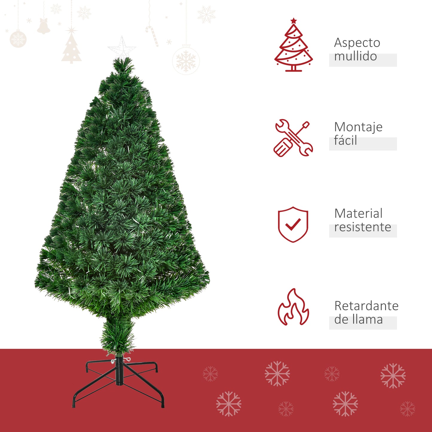 HOMCOM Árbol de Navidad 120cm Artificial Árboles de Abeto con Soporte Fibra Óptica Brillante Multicolor Ignífugo