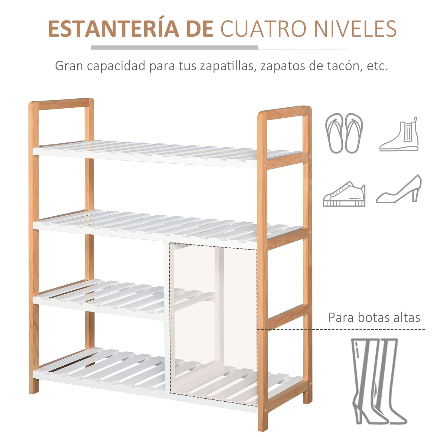 HOMCOM Zapatero Multiuso de 4 Niveles Máximo 11 Pares con Compartimento para Botas Altas Estantería de Zapatos Madera Maciza de Pino 68x26x78 cm Blanco