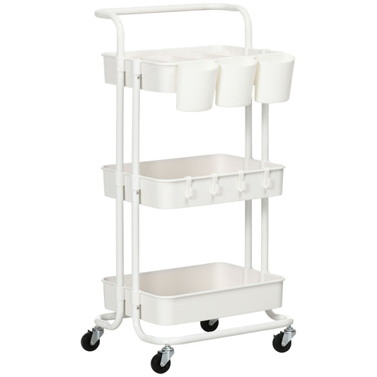 HOMCOM Carrito Auxiliar con Ruedas Carrito de Cocina con 4 Ganchos Asa 3 Cestas Extraíbles 3 Cajas Colgantes y Frenos para Baño Salón Dormitorio 42x38x86,5 cm Blanco