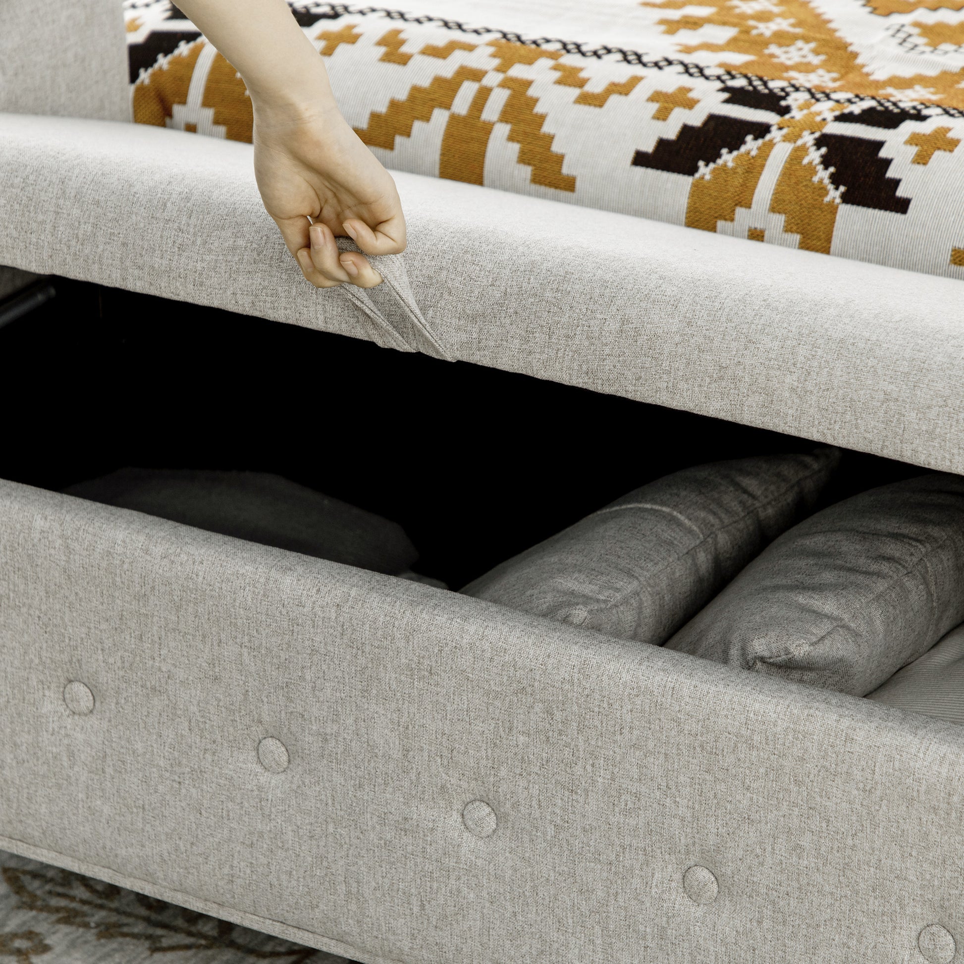 Taburete baúl para pie de cama con reposabrazos de madera de caucho y lino  sintético gris Homcom