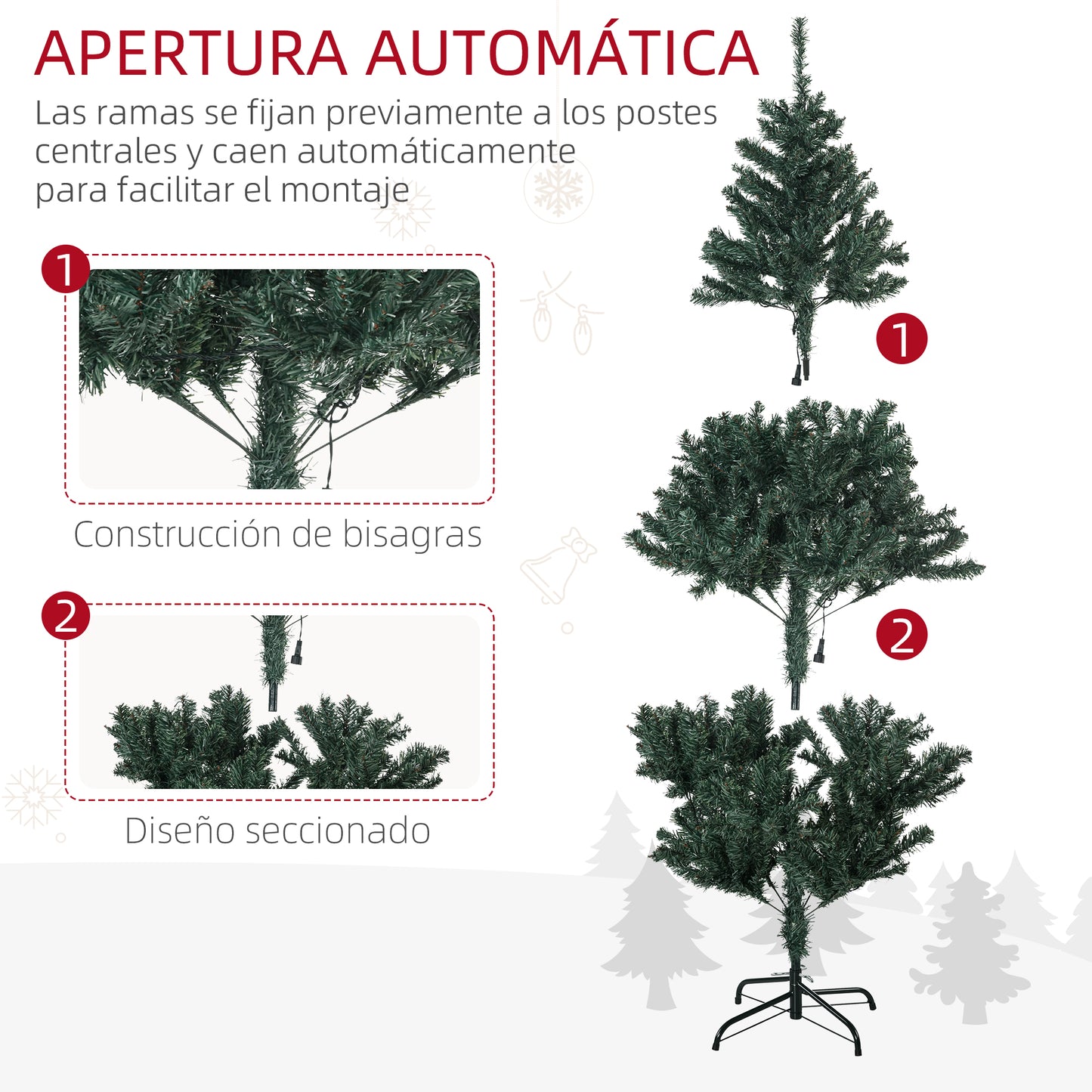 HOMCOM Árbol de Navidad Artificial 150 cm con 100 Luces LED con 8 Modos de Iluminación Árbol de Navideño con 472 Ramas y 80 Decoraciones Árbol Automático Acero Ø91x150 cm Verde