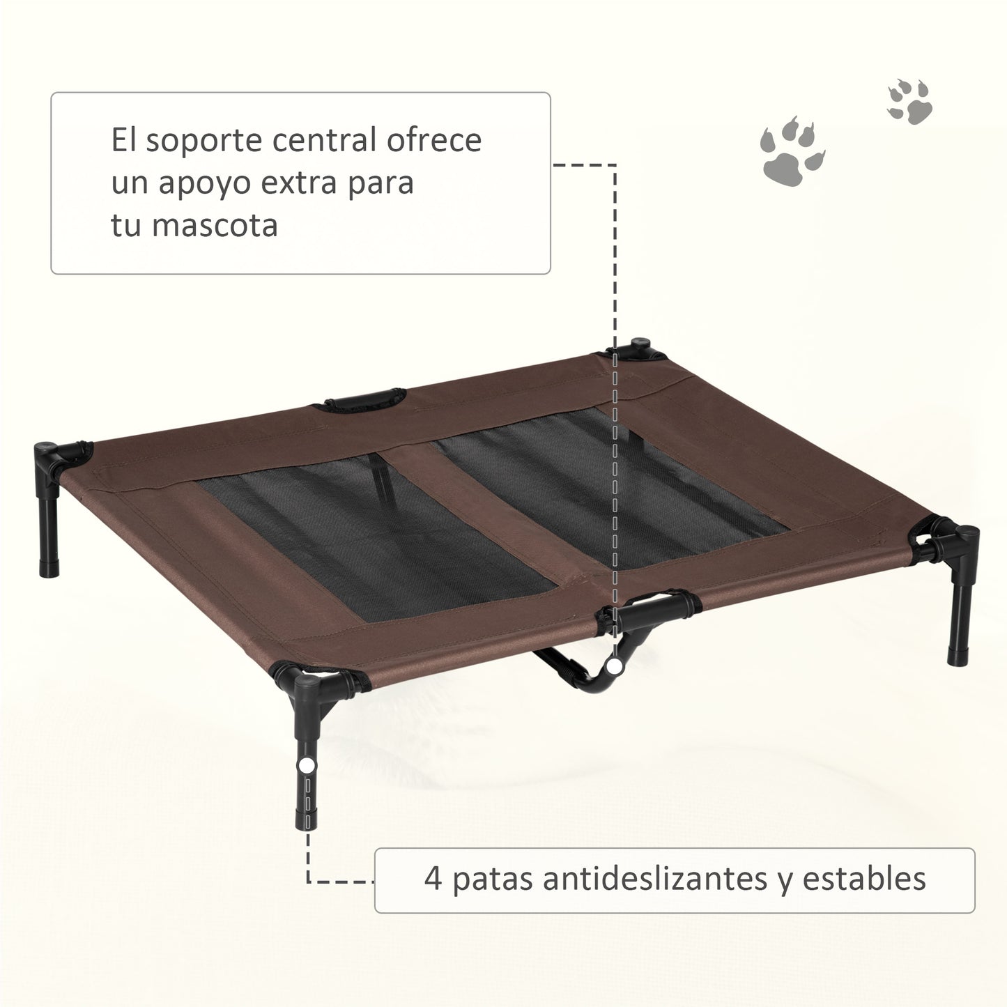 PawHut Cama Elevada para Perros Gatos Portátil Cama para Mascotas con Zona de Malla Transpirable y Tela Oxford para Interior Exterior 92x76x18 cm Café