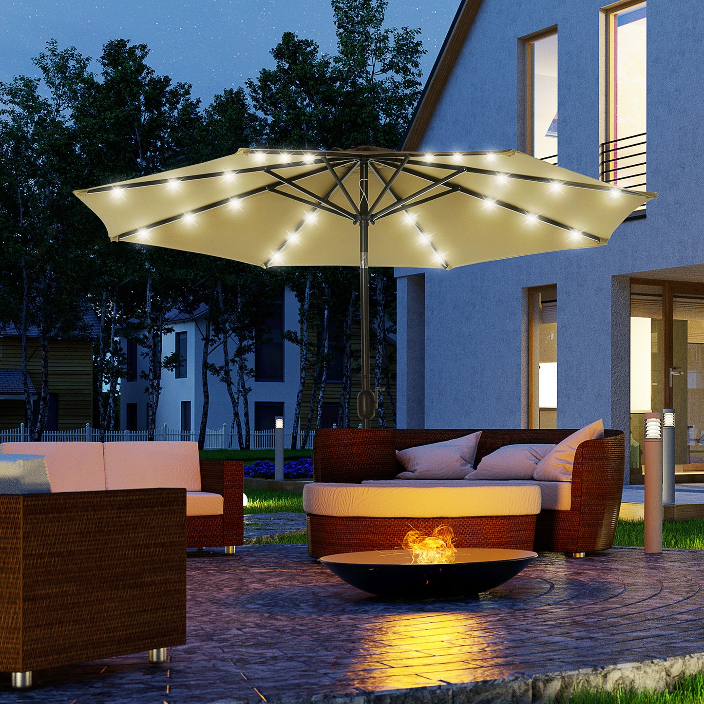 Outsunny Sombrilla de Jardín Ø268x238 cm Parasol de Terraza con 24 Luces LED Solar Mecanismo de Inclinación Manivela y Poste Desmontable de Metal para Piscina Patio Marrón