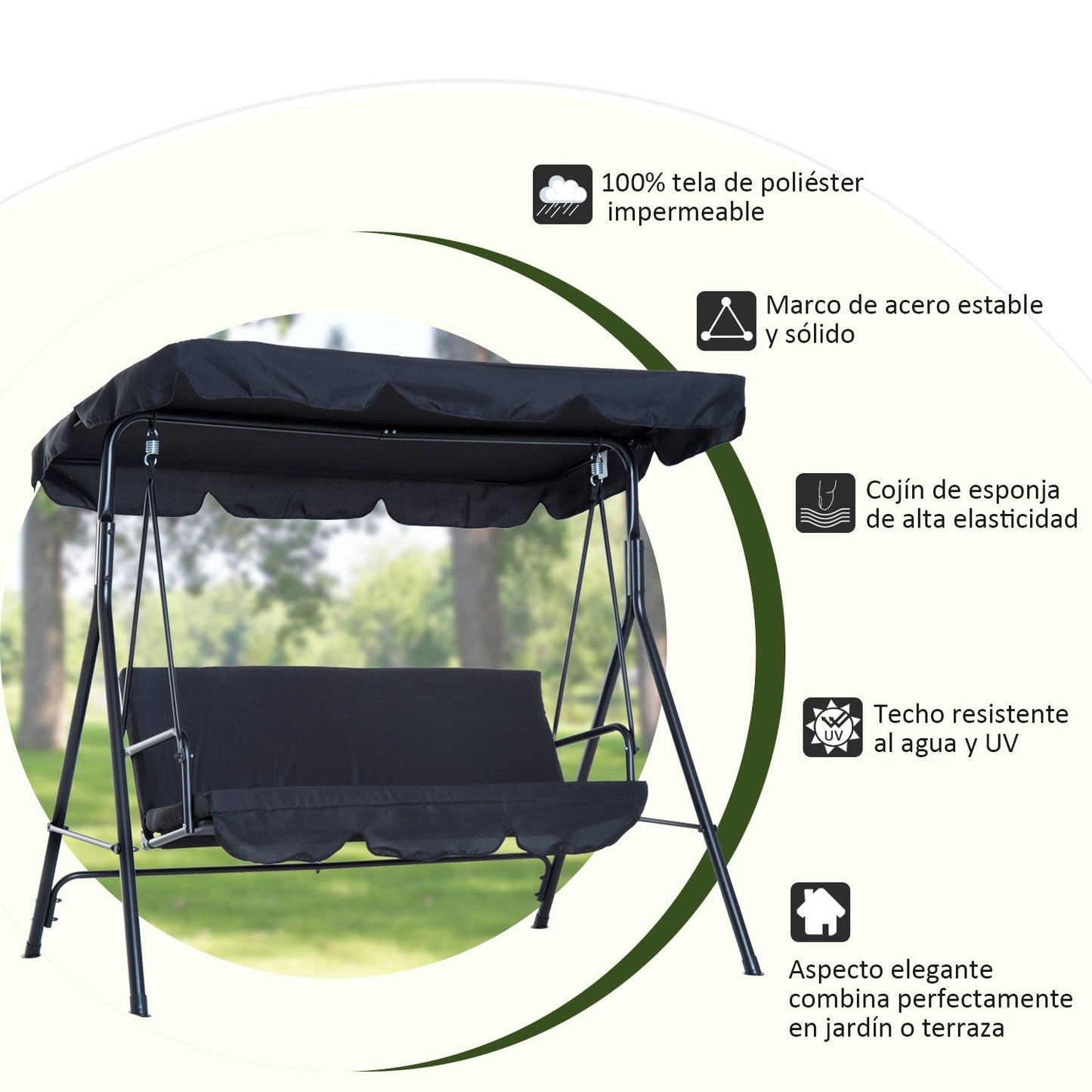 Outsunny Columpio de Jardín de 3 Plazas Silla Balancín con Parasol Techo Ajustable en Ángulo Impermeable para Exterior Terraza Balcón Carga Máx. 200 kg Acero 172x110x153 cm Negro