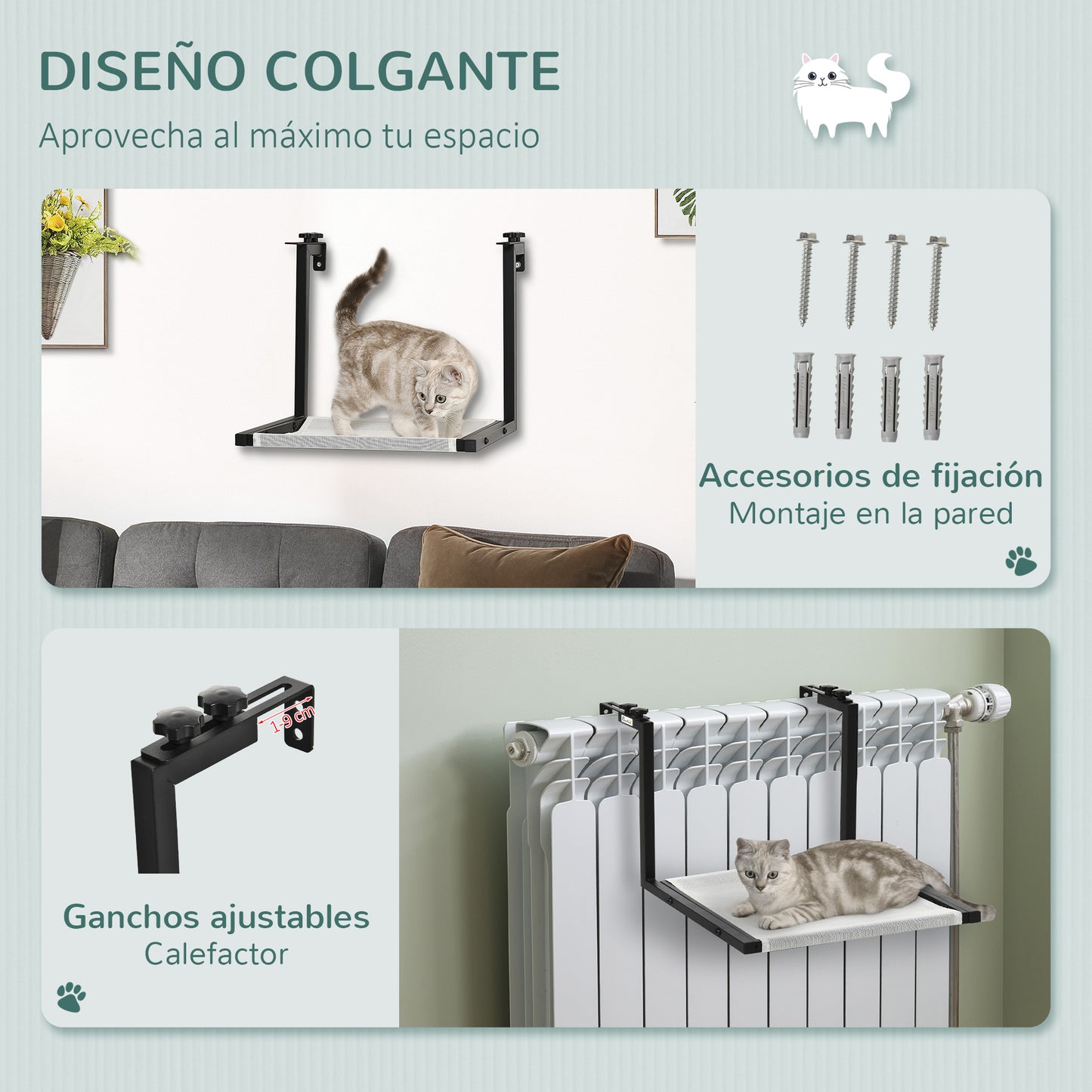 PawHut Hamaca Gatos para Radiador con Gancho Ajustable Cama Colgante de Tela Extraíble Marco de Acero para Protector de Chimenea 42,5x54x34 cm Negro y Beige