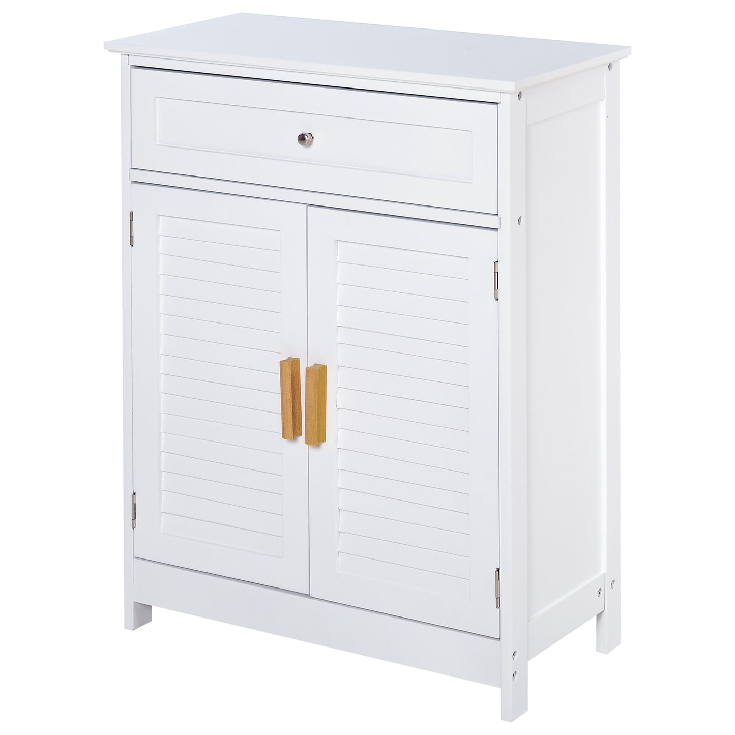 kleankin Armario Auxiliar para Baño Mueble Organizador Multifuncional con Cajón Estante Ajustable Interno 2 Puertas de Persianas Estilo Elegante 59x29x80 cm Blanco