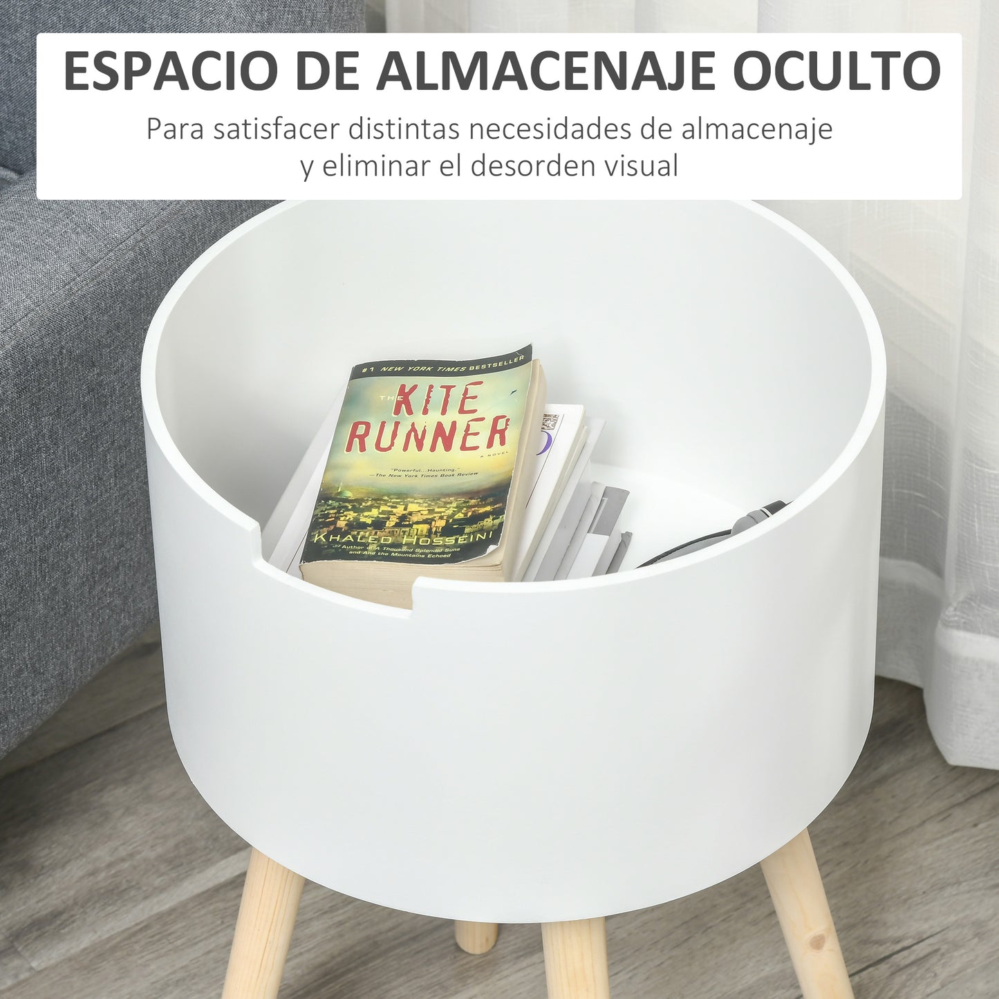 HOMCOM Mesa Auxiliar de Salón Moderna Mesita de Noche con Tapa Extraíble Espacio de Almacenamiento y Patas de Madera para Dormitorio Sofá Esquina Ø38x63 cm Blanco