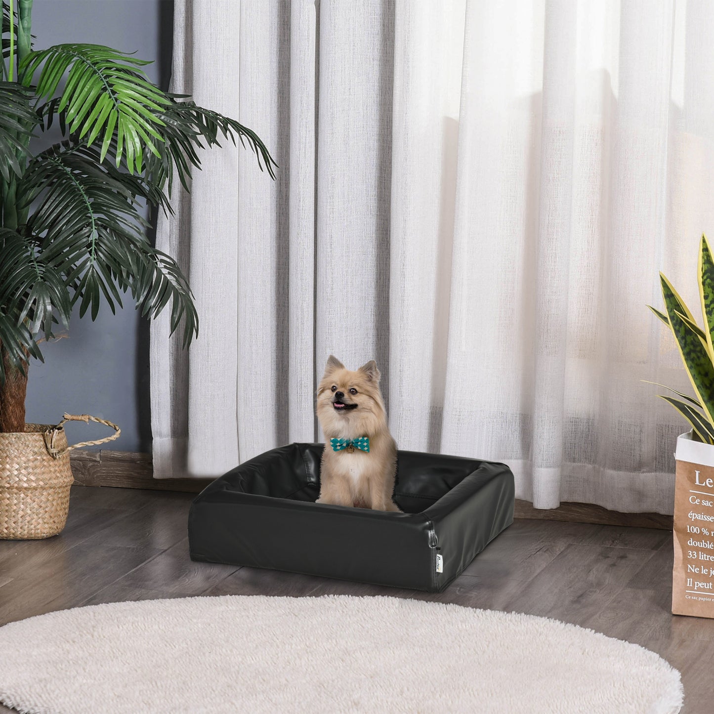 PawHut Cama para Perros Pequeños Colchón para Mascotas Tapizado en Cuero PU Acolchado de Espuma y Lavable con Cremallera 58x49x14,5 cm Negro