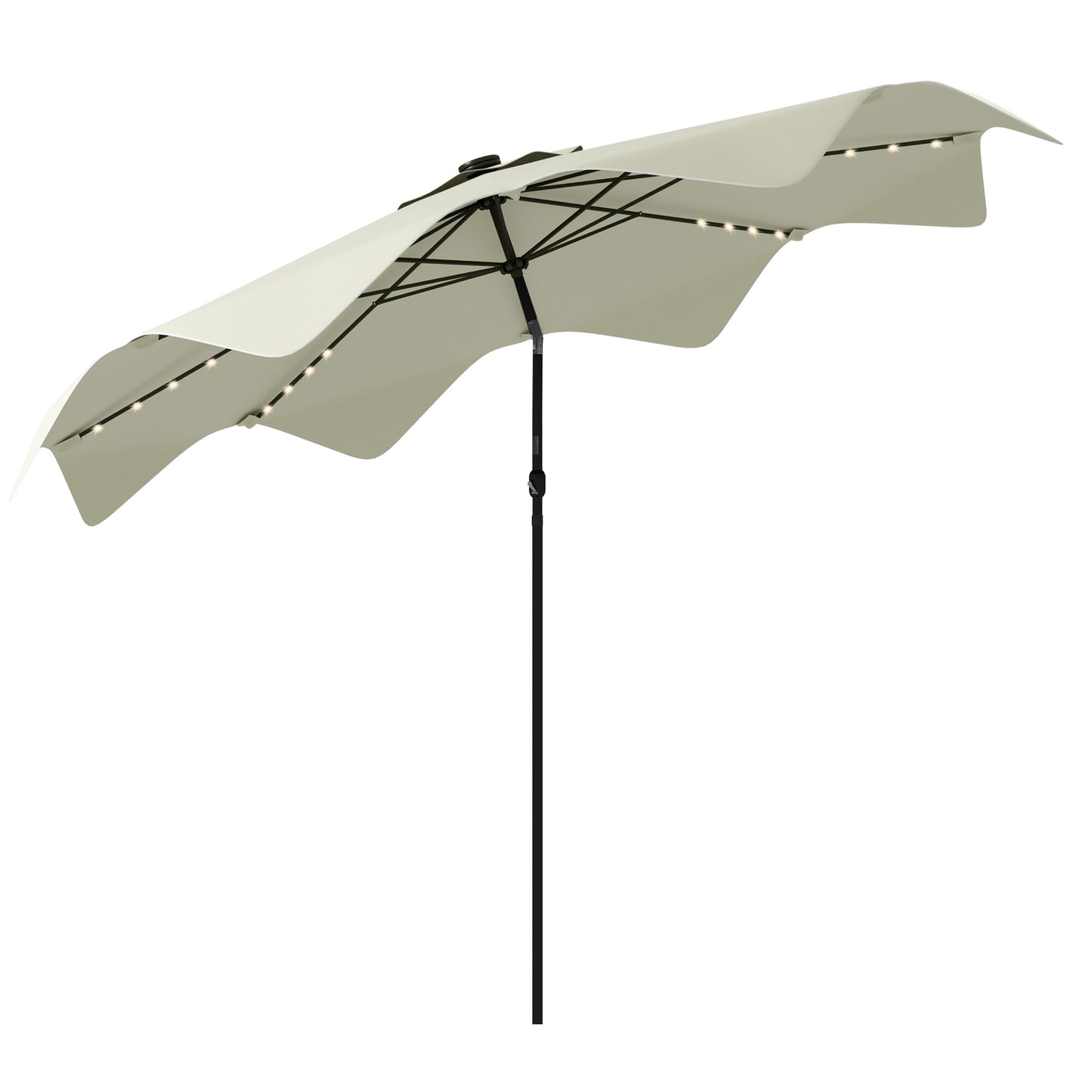 Outsunny Sombrilla de Jardín Ø292x248 cm Parasol de Terraza Manual con 32 Luces LED Solares 8 Varillas Ángulo Ajustable Impermeable y Rejillas de Ventilación para Patio Balcón Crema