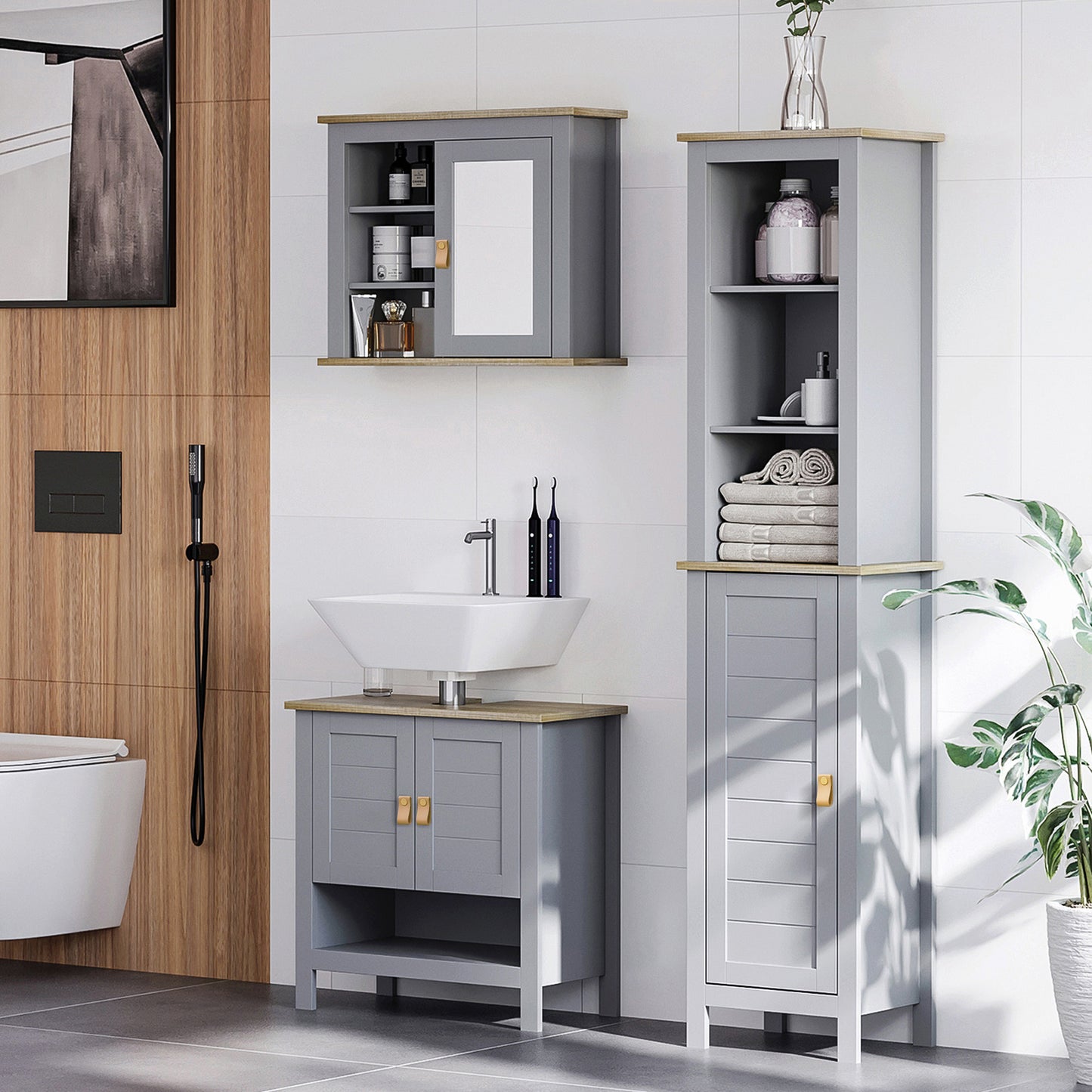 kleankin Armario Alto de Baño Moderno Mueble Columna de Baño con 1 Puerta Estante Ajustable y 3 Compartimentos Abiertos 39x30x168 cm Gris