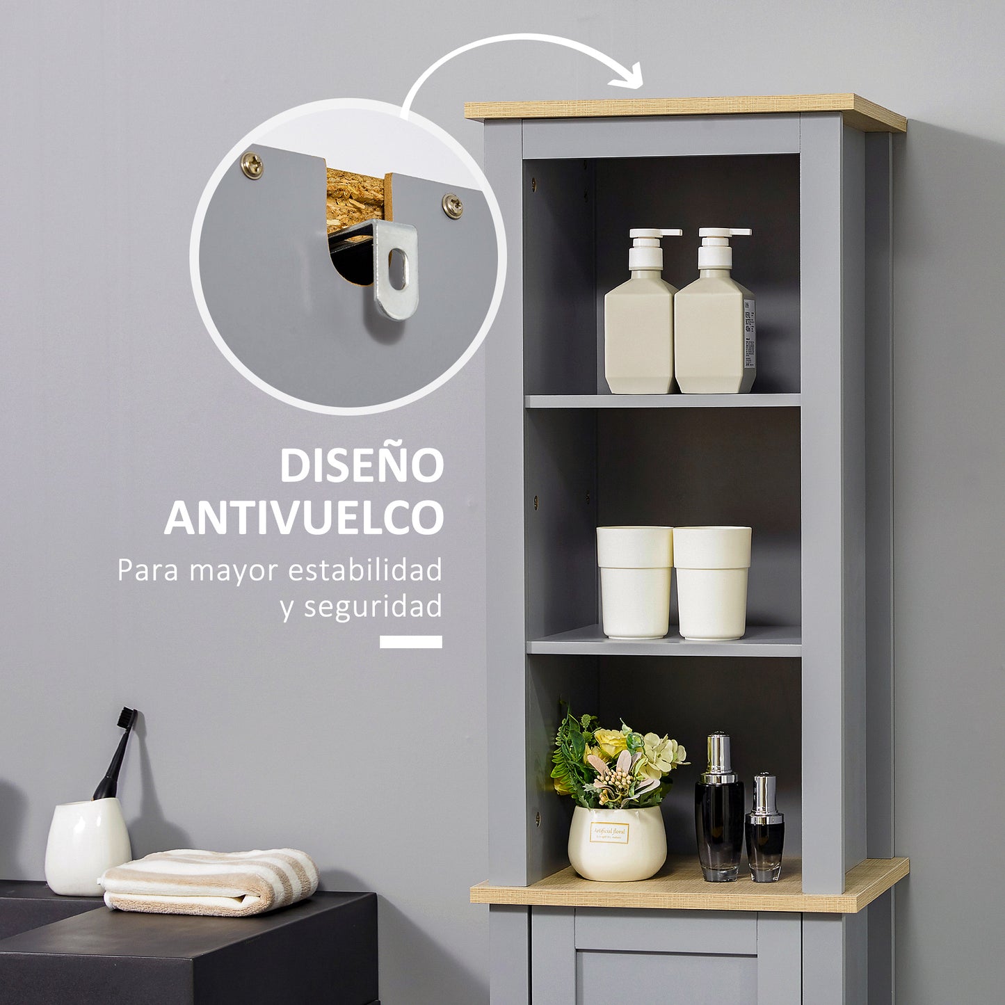 kleankin Armario Alto de Baño Moderno Mueble Columna de Baño con 1 Puerta Estante Ajustable y 3 Compartimentos Abiertos 39x30x168 cm Gris