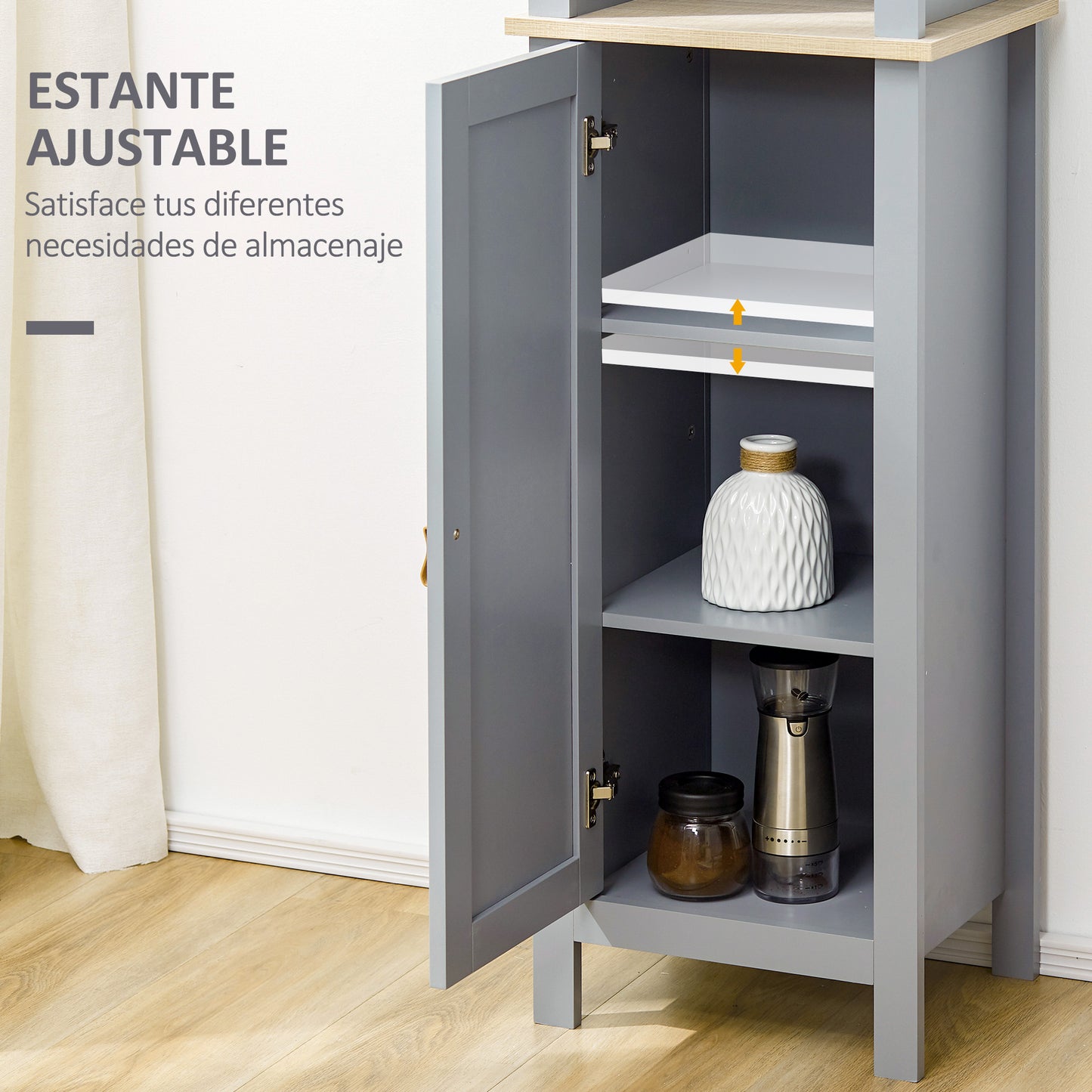 kleankin Armario Alto de Baño Moderno Mueble Columna de Baño con 1 Puerta Estante Ajustable y 3 Compartimentos Abiertos 39x30x168 cm Gris