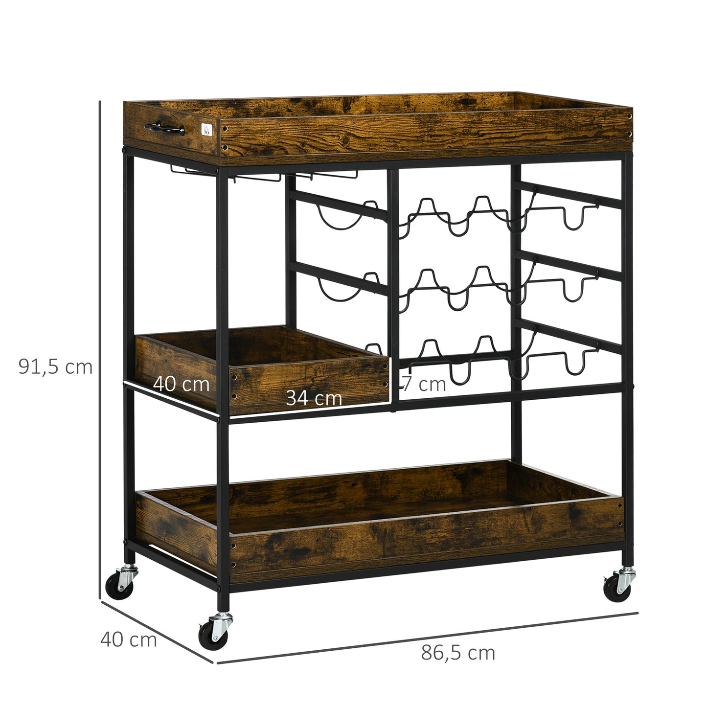 HOMCOM Carrito de Cocina Industrial Carro Auxiliar con Ruedas Botellero para 12 Botellas Portavasos para 6 Copas y 3 Estantes de Almacenamiento para Comedor 86,5x40x91,5 cm Marrón Rústico