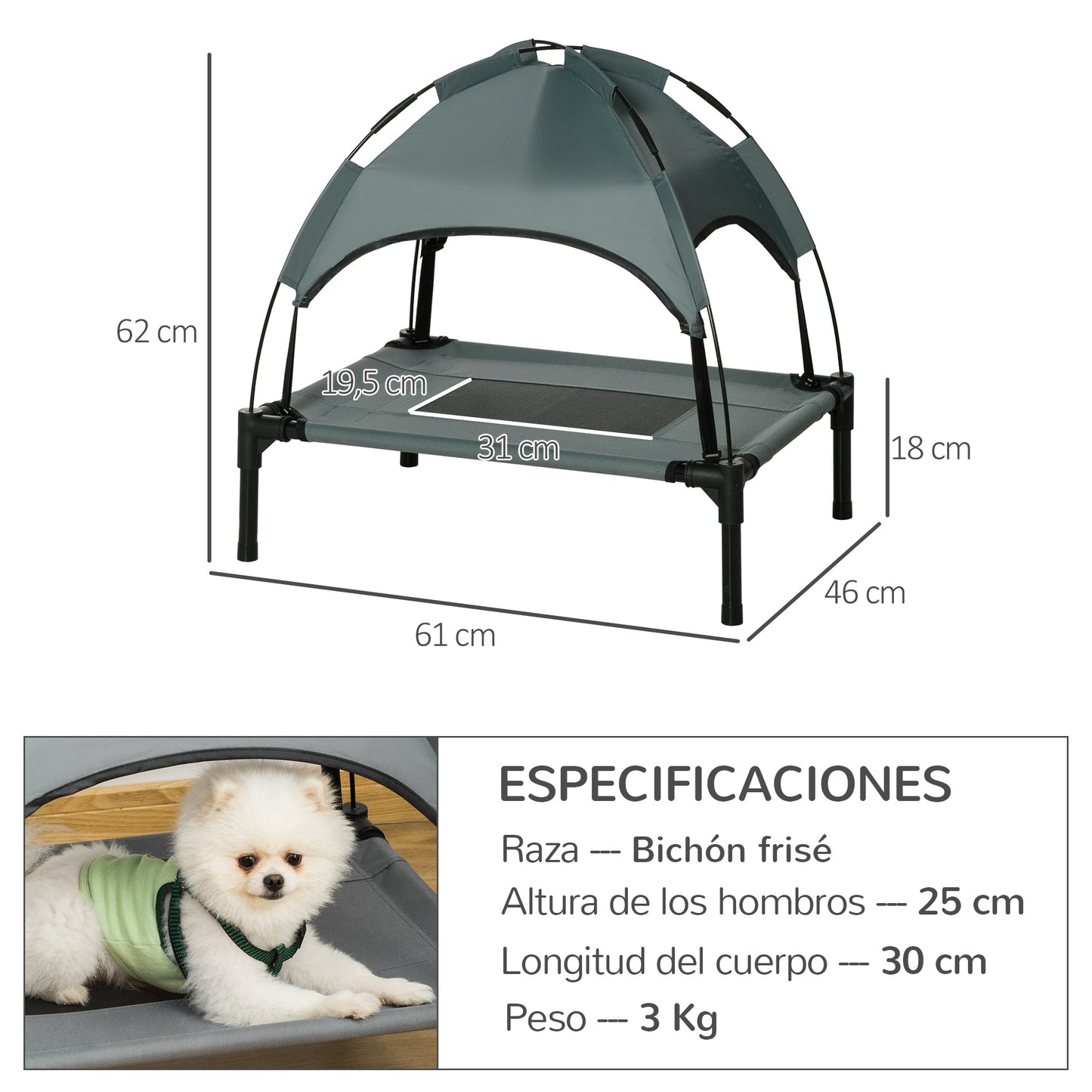 PawHut Cama Elevada para Mascotas Portátil con Toldo Extraíble Tela Transpirable al Aire Libre para Interior y Exterior 61x46x62 cm Gris