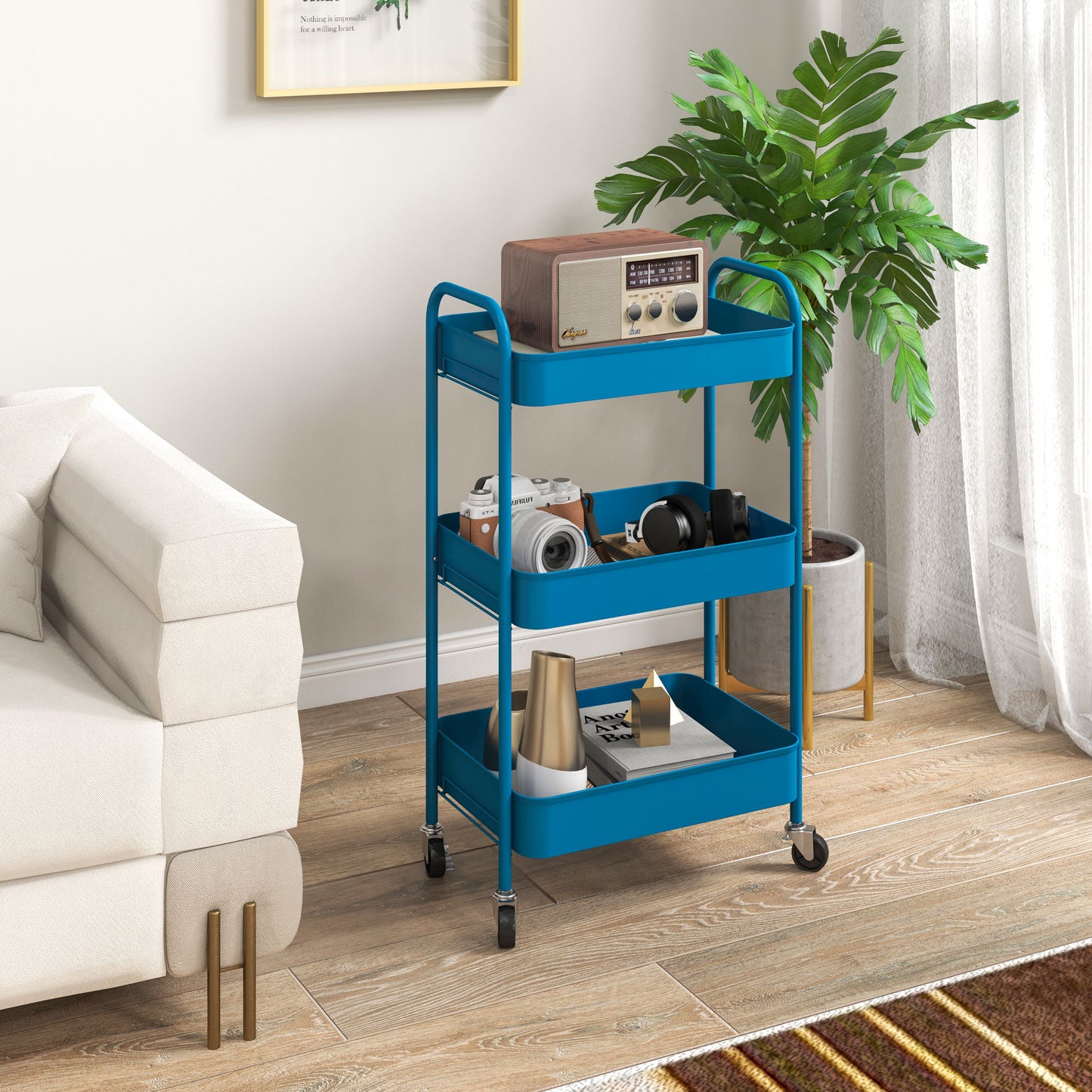 HOMCOM Carrito Auxiliar con Ruedas Carrito de Almacenamiento con 3 Cestas y Marco de Acero para Salón Dormitorio Oficina Cocina 45x30,6x79 cm Azul Oscuro