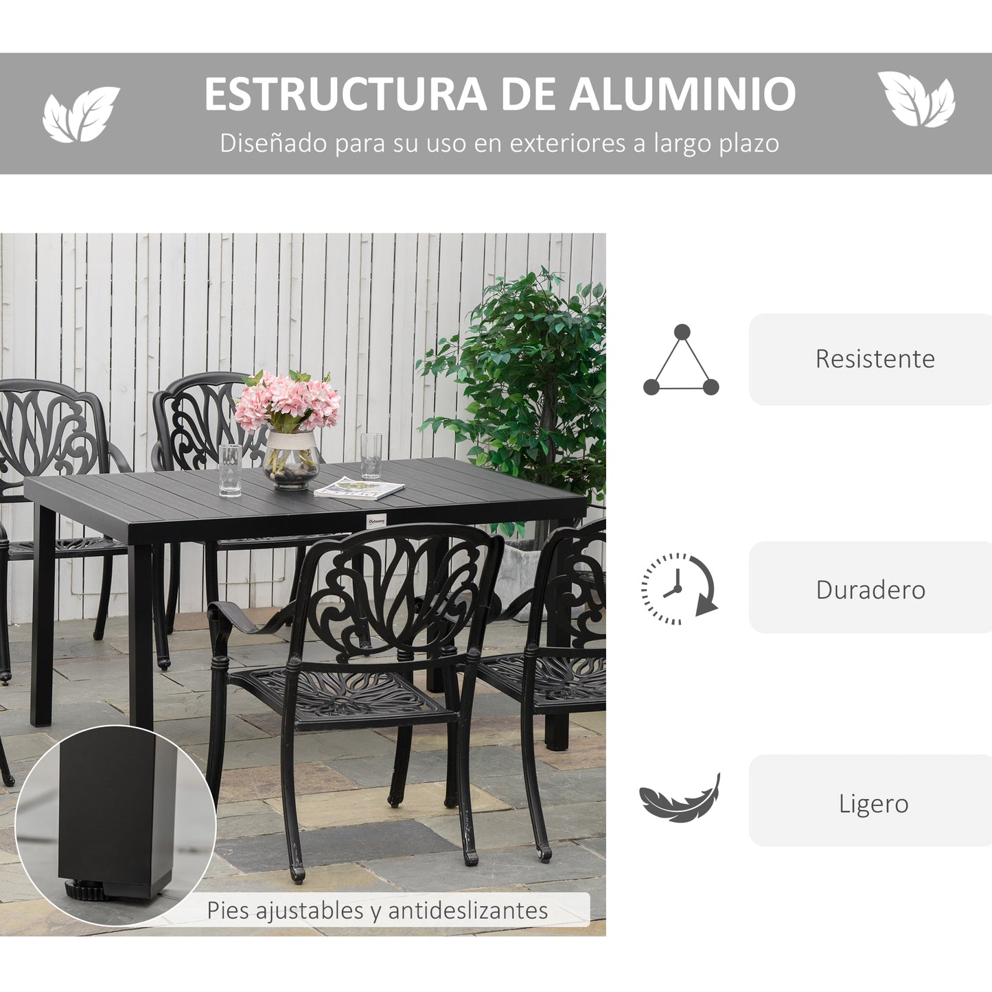 Outsunny Mesa de Jardín Rectangular para 6 Personas Mesa de Comedor Exterior 140x90x74 cm con Encimera de Listones y Estructura de Aluminio para Terraza Balcón Negro