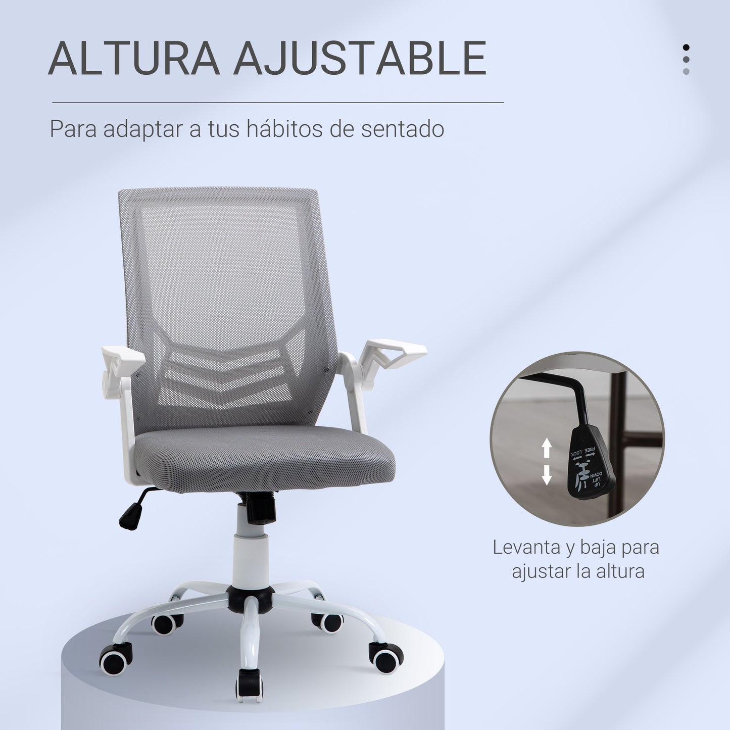 Vinsetto Silla de Oficina Ergonómica Silla de Malla con Altura Ajustable Reposabrazos Abatible Soporte Lumbar Transpirable para Adolescentes Adultos 62,5x55x94-104 cm Gris