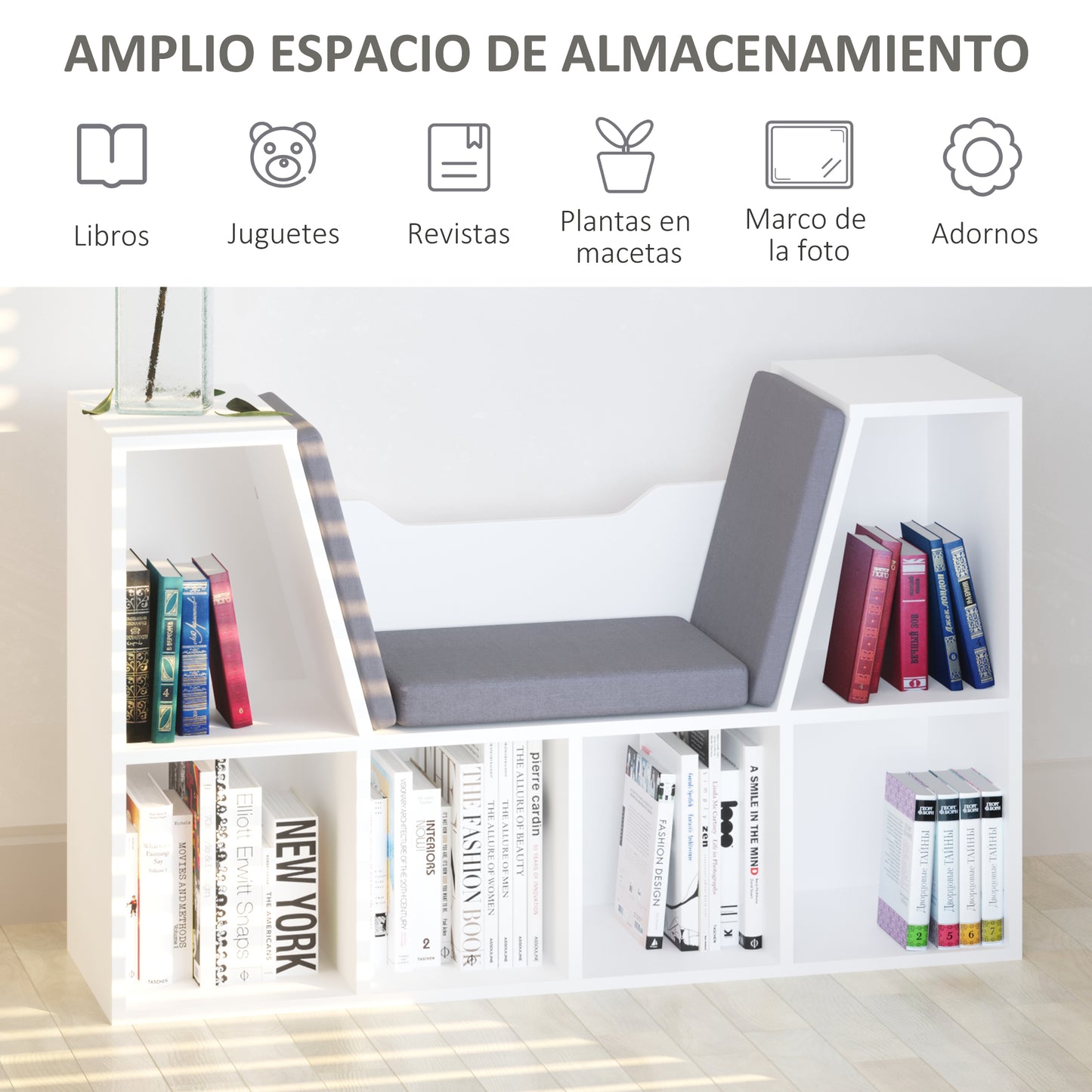 HOMCOM Estantería Librería con Asiento 6 Cubo Librería Original Infantil Zapatero con Cojín Estante con Banco Multiusos 102x30x61cm