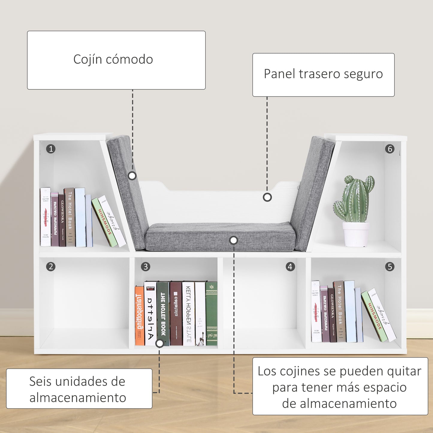 HOMCOM Estantería Librería con Asiento 6 Cubo Librería Original Infantil Zapatero con Cojín Estante con Banco Multiusos 102x30x61cm