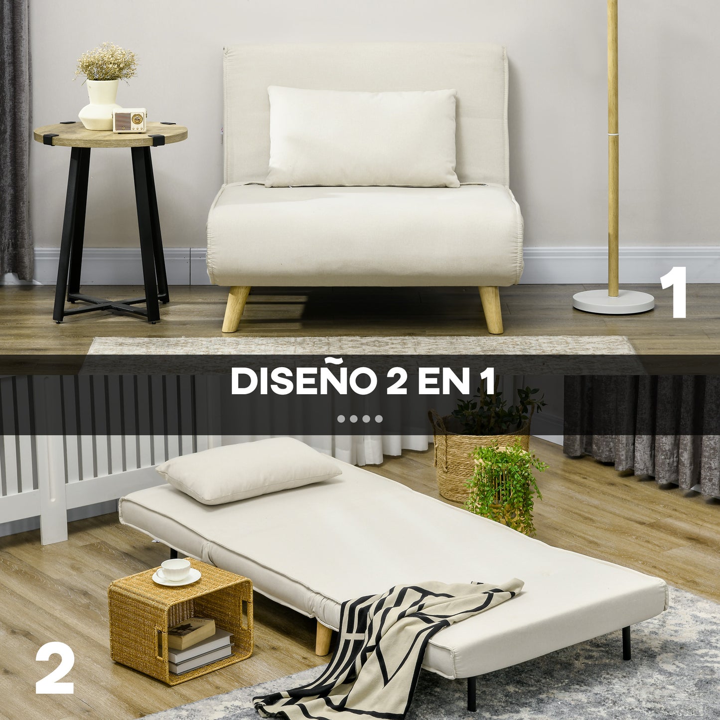 HOMCOM Sofá Cama Individual Sillón Cama Plegable Tapizado en Lino Sintético con Respaldo Ajustable en 6 Posiciones y Almohada Sofá Cama para Salón 90x78x79 cm Beige