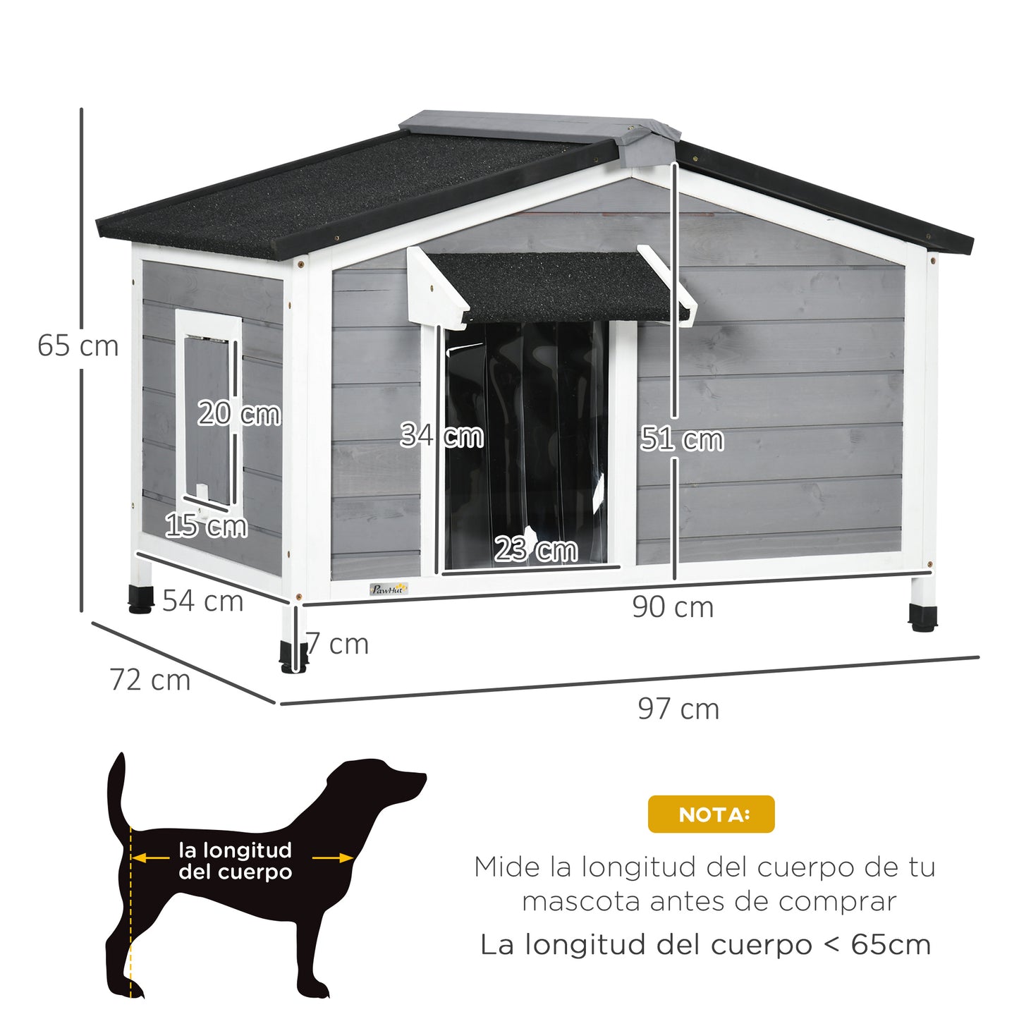 PawHut Caseta para Perros de Exterior Casa para Perros de Madera con Techo Asfáltico Abatible 2 Ventanas Puerta con Cortina y Base Extraíble para Interior y Exterior 97x72x65 cm Gris