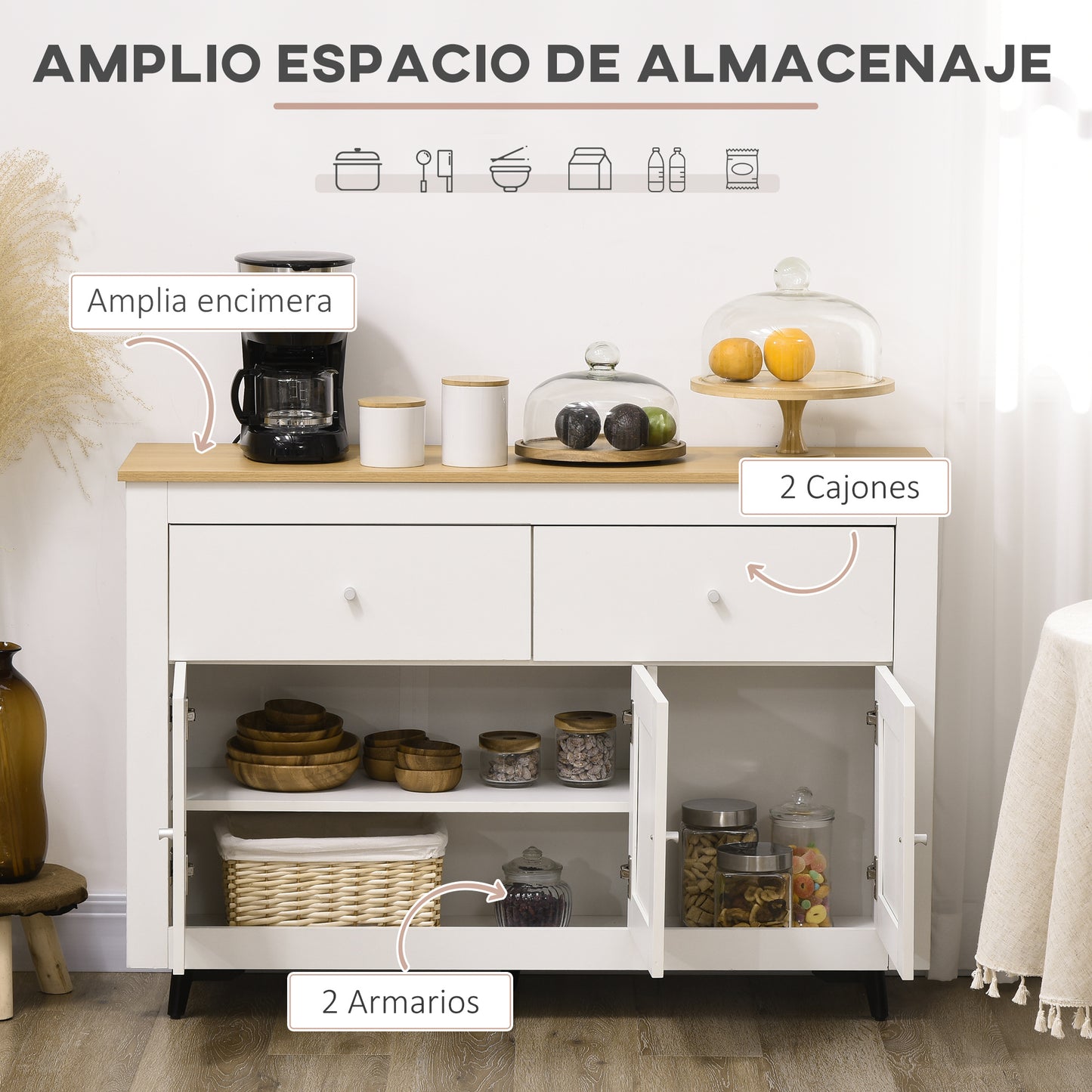 HOMCOM Aparador de Cocina Mueble Auxiliar de Cocina Mueble de TV con 2 Cajones 3 Puertas y Estante Ajustable para Comedor Salón 117x35x80 cm Blanco