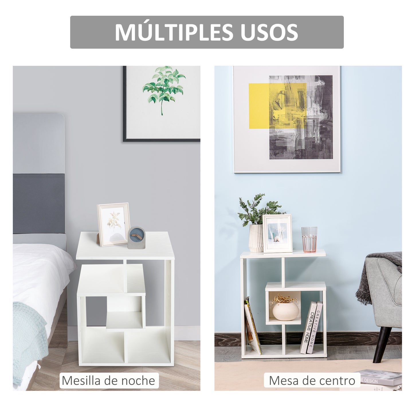 HOMCOM Mesita Auxiliar Mesa Auxiliar Blanca Mesa de Centro con Estantes de Almacenamiento para Salón Dormitorio 45x40x55 cm