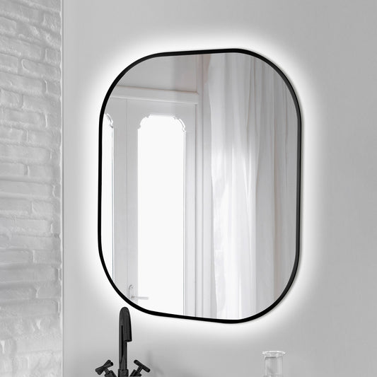 Emuca Espejo de baño Cepheus con iluminación LED decorativa y marco negro, rectangular redondeado 600x800mm, AC 230V 50Hz, 12W, Aluminio y Cristal