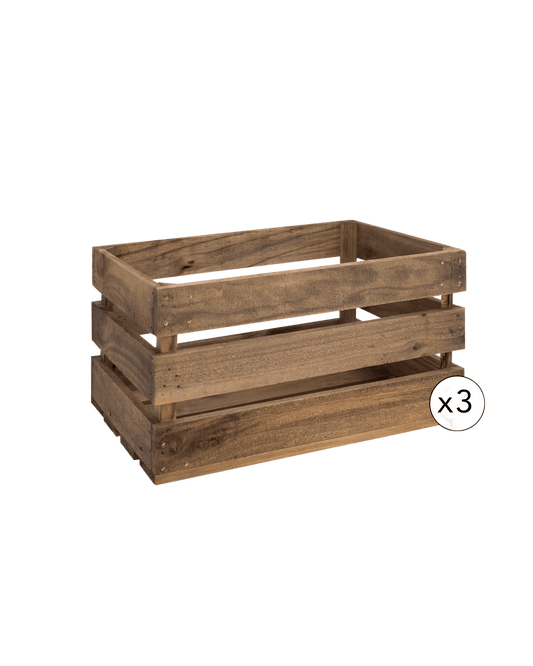 Pack de 3 cajas de madera maciza en tono roble oscuro de 49x30,5x25,5cm - DECOWOOD