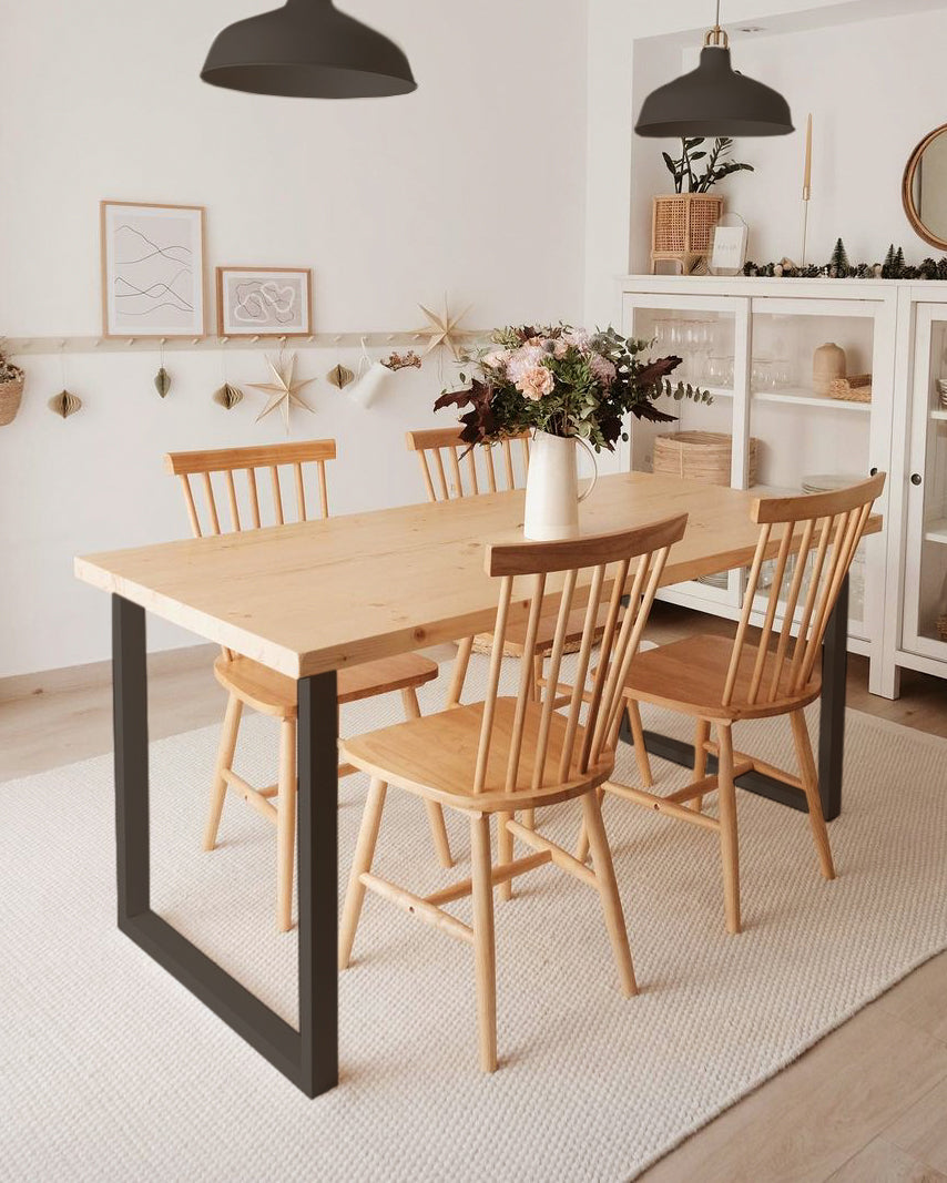 Mesa de comedor de madera maciza natural patas negras 160x80cm - DECOWOOD