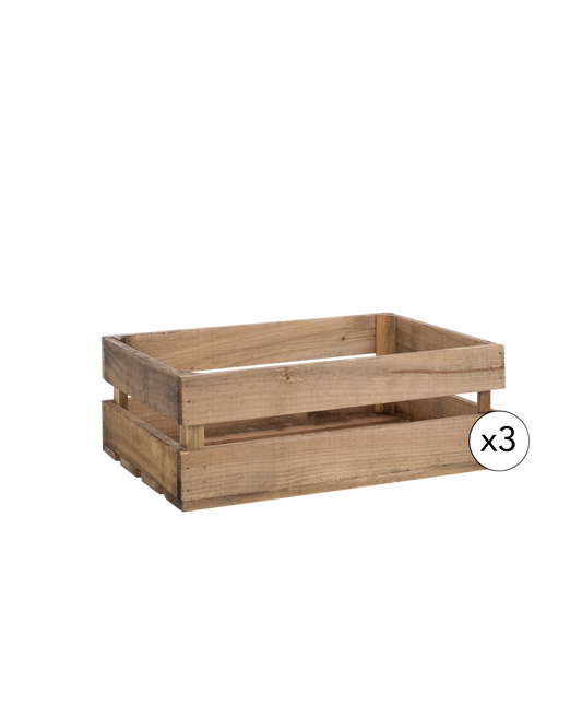 Pack de 3 cajas de madera maciza en tono roble oscuro de 49x30,5x17,5cm - DECOWOOD