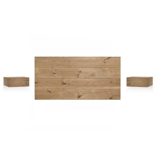 Pack cabecero y mesitas flotantes de madera maciza en tono roble oscuro de 180cm - DECOWOOD