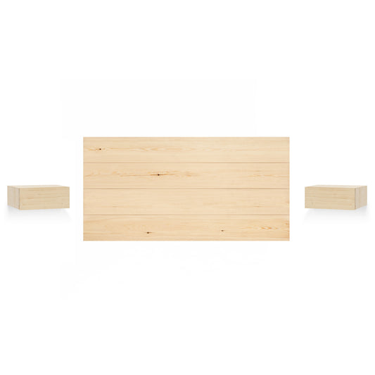 Pack cabecero y mesitas flotantes de madera maciza en tono natural de 180cm - DECOWOOD