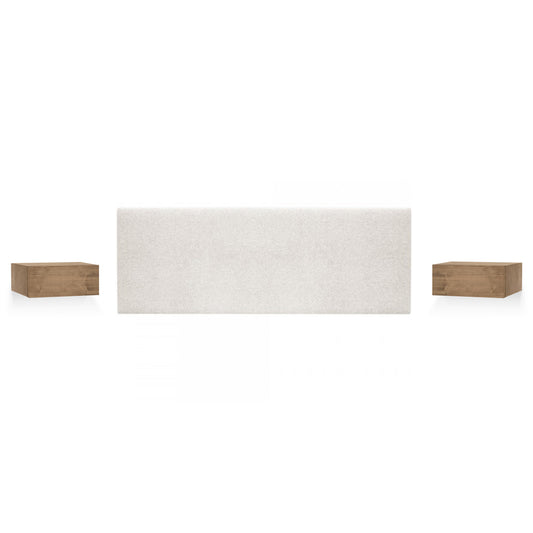Pack Cabecero tapizado liso + 2 mesitas de madera beige 160 - DECOWOOD