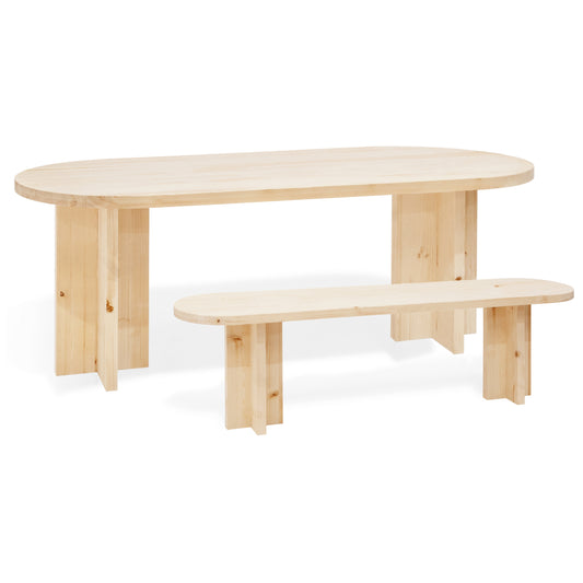 Pack mesa de comedor ovalada y banco de madera maciza en tono natural de 180cm - DECOWOOD