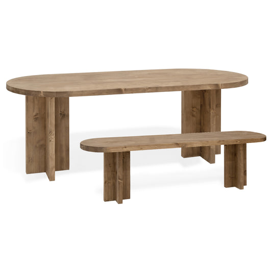 Pack mesa de comedor ovalada y banco de madera maciza en tono roble oscuro de 200cm - DECOWOOD