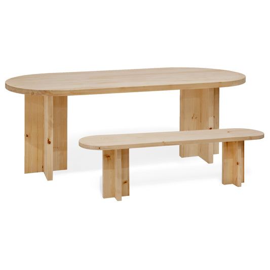 Pack mesa de comedor ovalada y banco de madera maciza en tono roble medio de 160cm - DECOWOOD