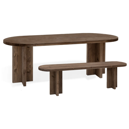 Pack mesa de comedor ovalada y banco de madera maciza en tono nogal de 200cm - DECOWOOD