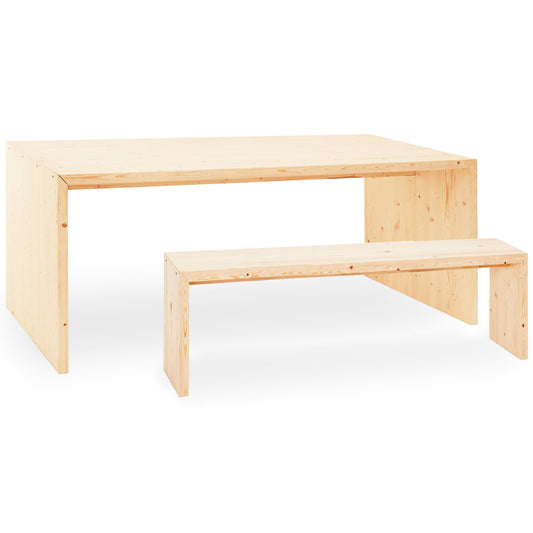 Pack mesa de comedor y banco de madera maciza en tono natural de 160cm - DECOWOOD