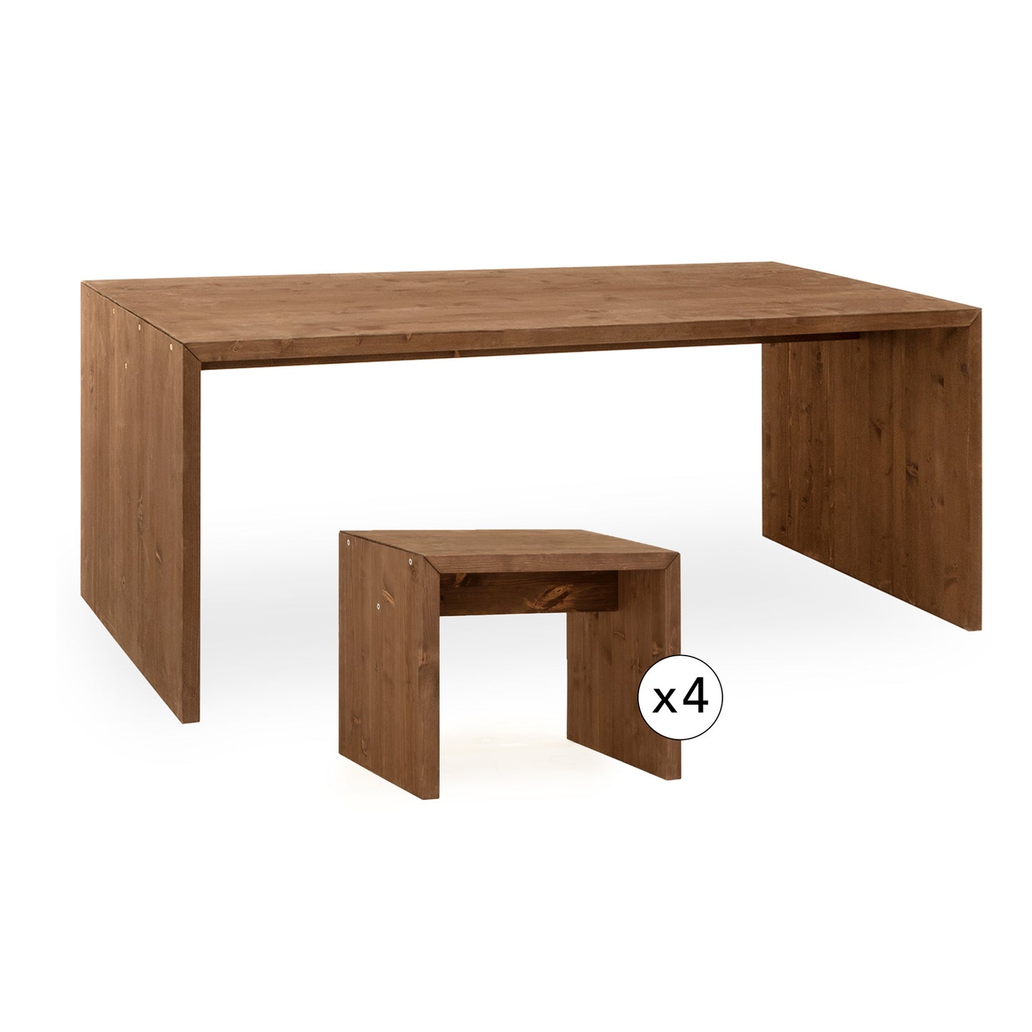 Pack mesa de comedor y 4 taburetes de madera maciza en tono nogal de 120cm - DECOWOOD