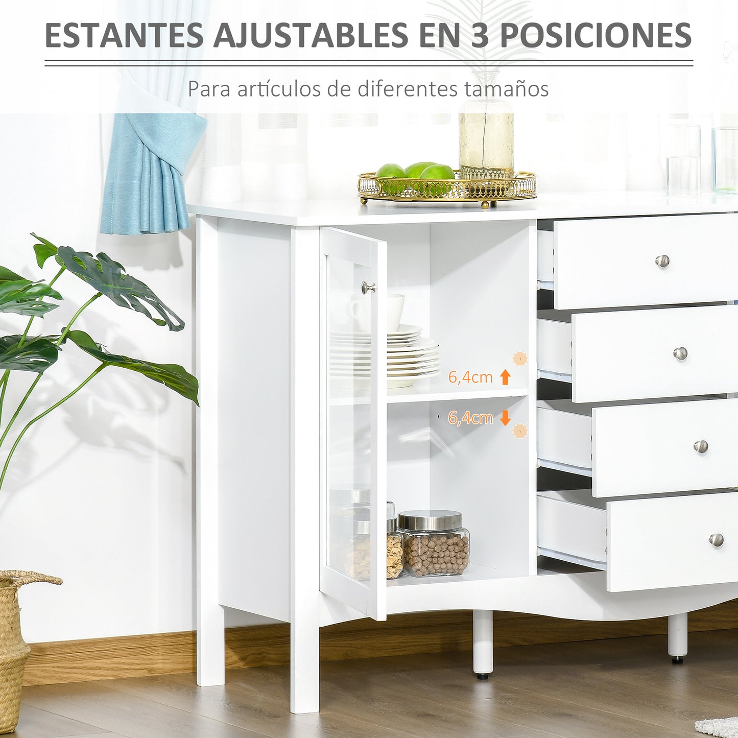 HOMCOM Aparador de Cocina Armario Buffet con 2 Puertas de Vidrio Estante Ajustable Interior y 4 Cajones Mueble Auxiliar para Comedor Salón 136x45x85 cm Blanco