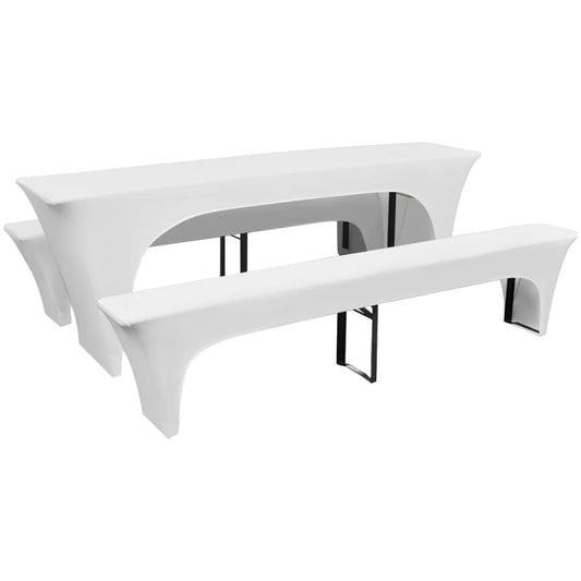 3 fundas blancas estirables para mesa y 2 bancos 220x50x80 cm