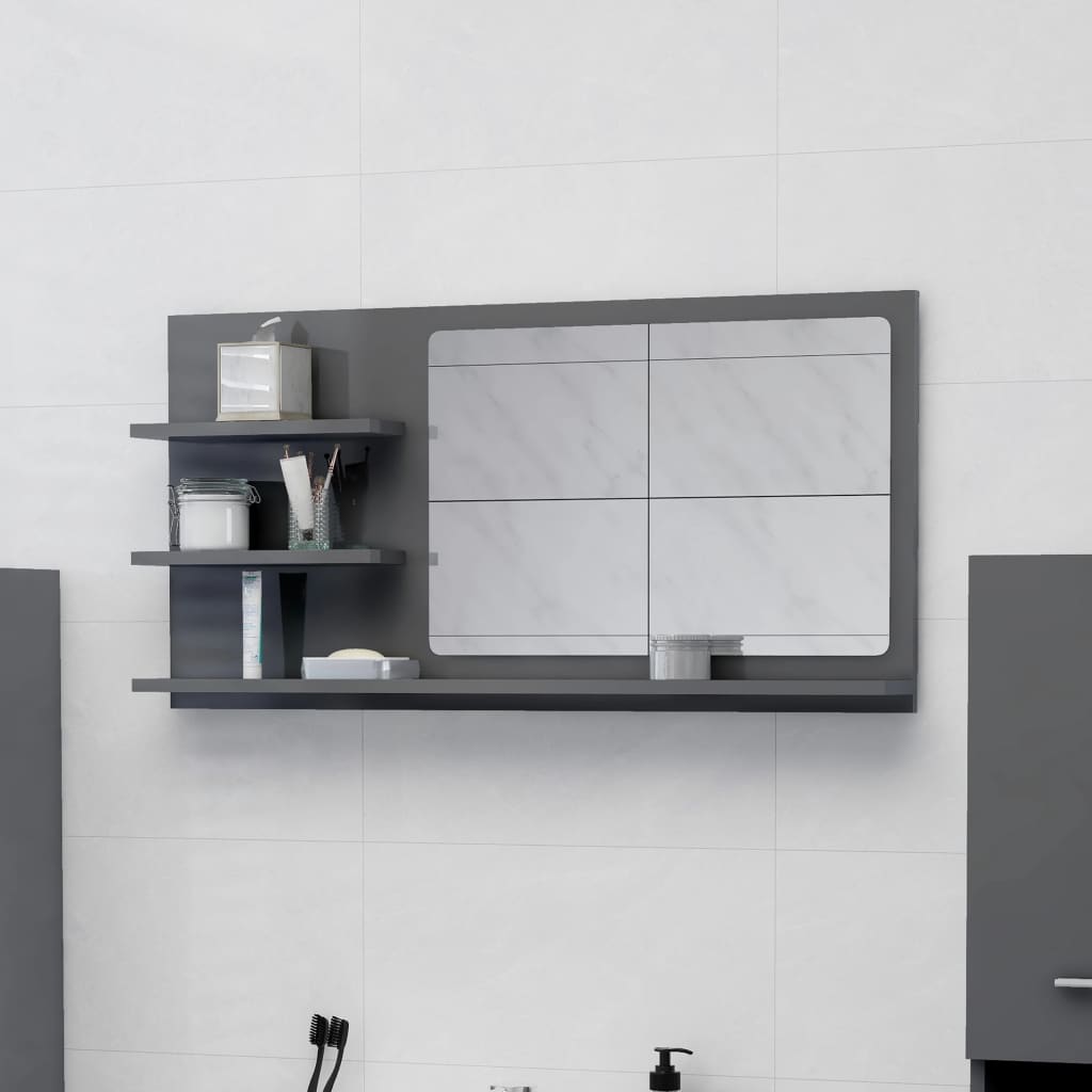 vidaXL Espejo de baño madera contrachapada gris brillo 90x10,5x45 cm