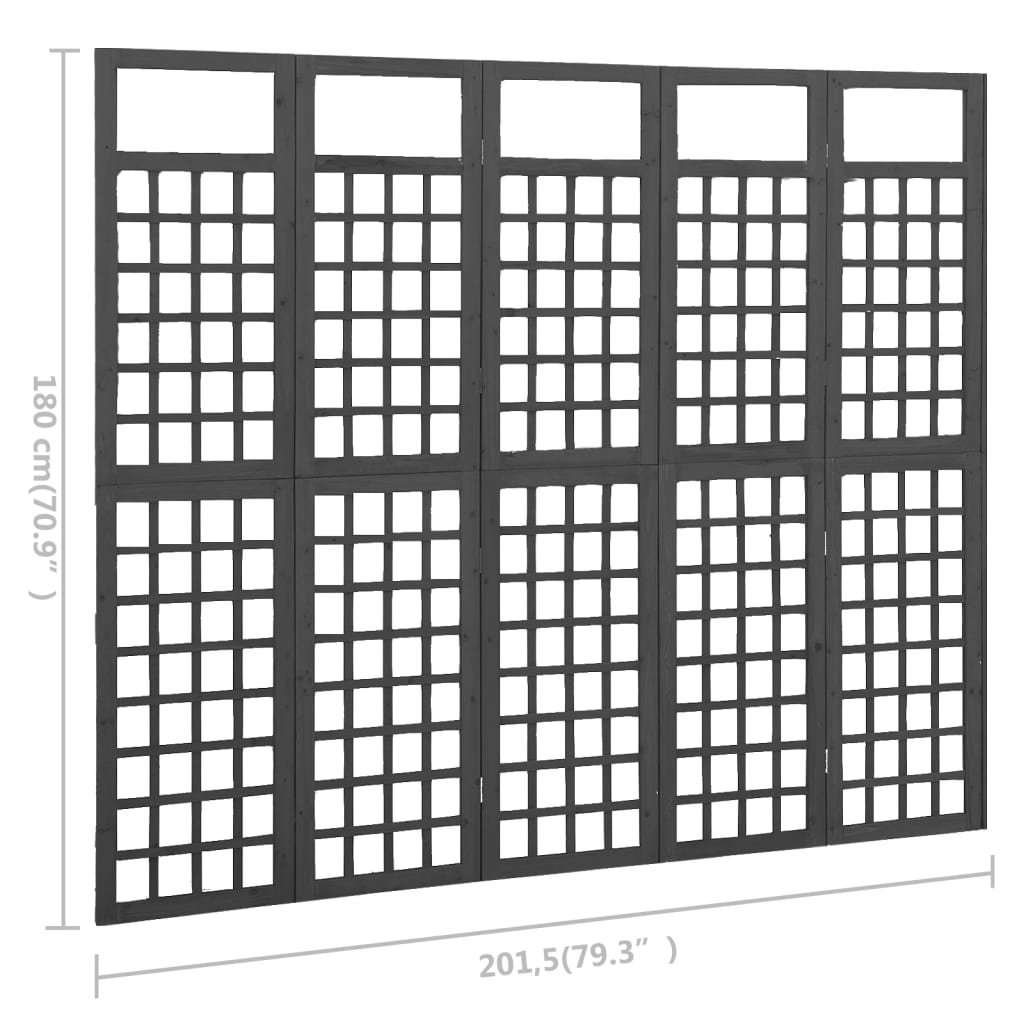 vidaXL Biombo/Enrejado de 5 paneles madera de abeto negro 201,5x180 cm