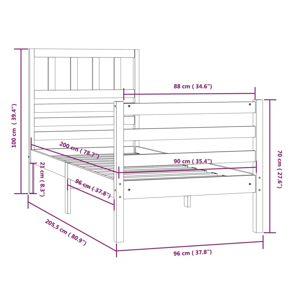 vidaXL Estructura de cama sin colchón madera maciza 90x200 cm