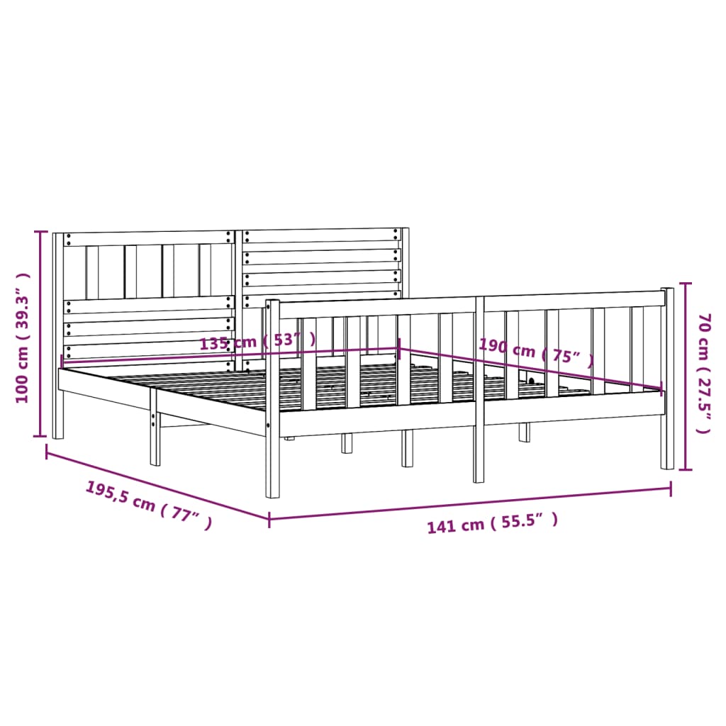 vidaXL Estructura de cama doble de madera maciza gris 135x190 cm